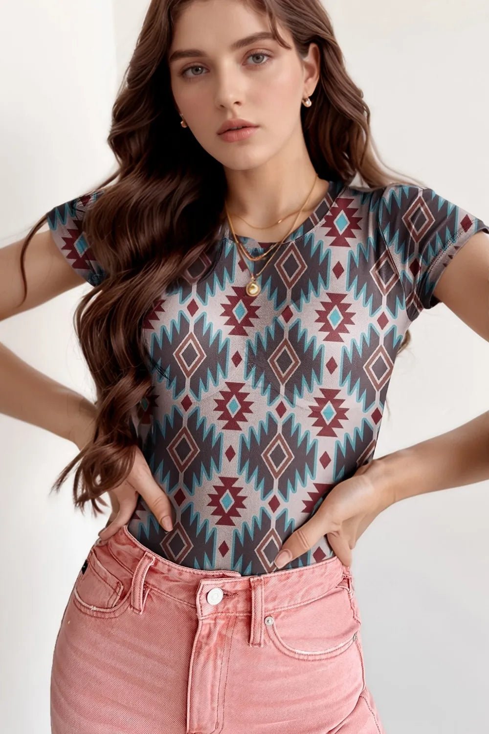 Western Aztec Print Mesh Slim T Shirt - Goddess Vibes