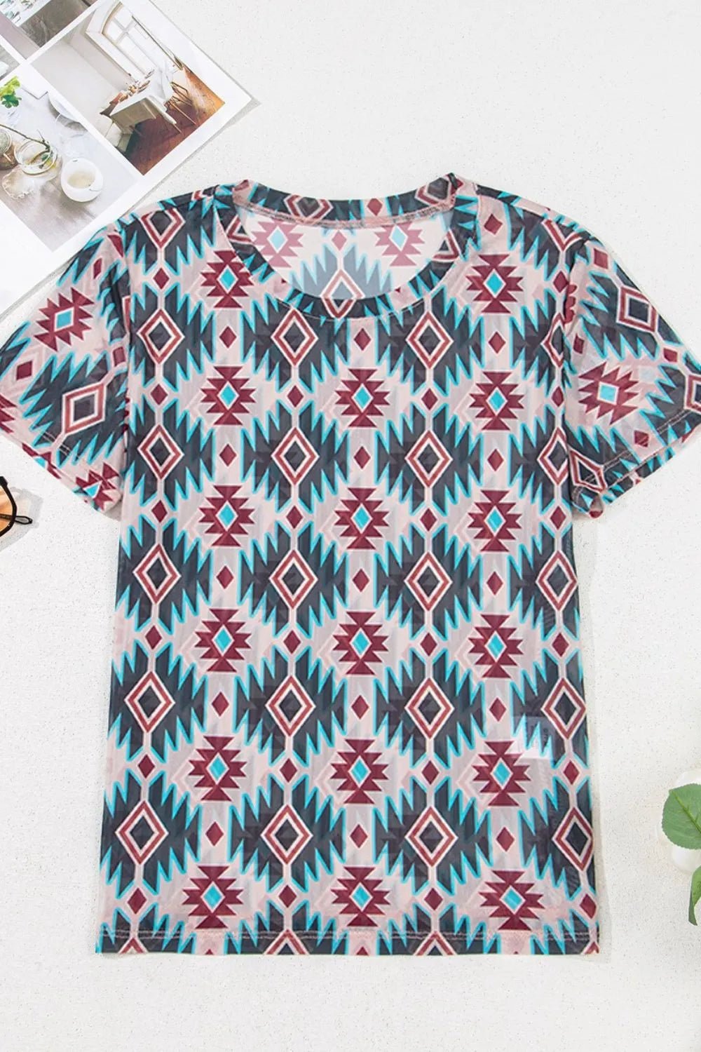Western Aztec Print Mesh Slim T Shirt - Goddess Vibes