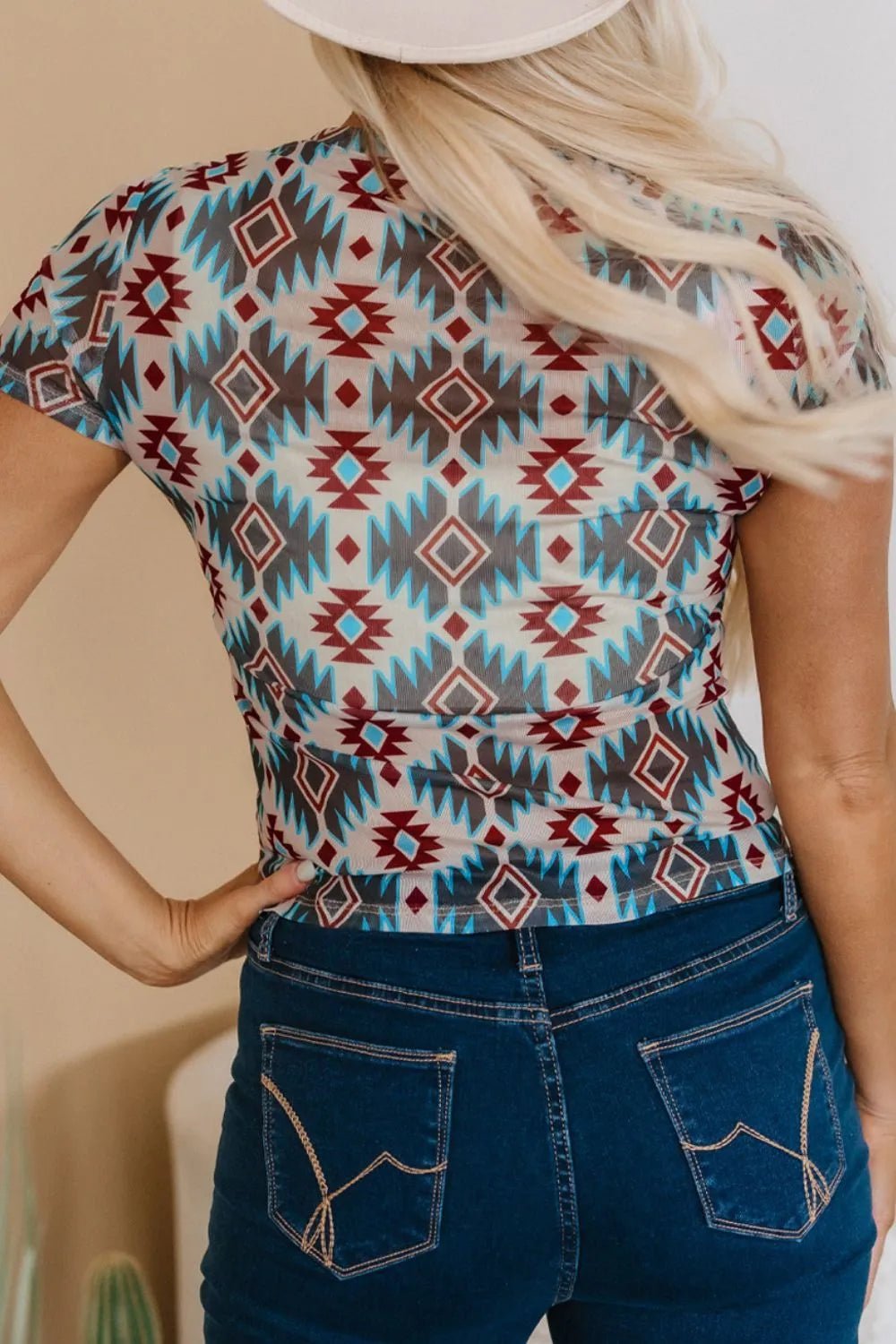 Western Aztec Print Mesh Slim T Shirt - Goddess Vibes