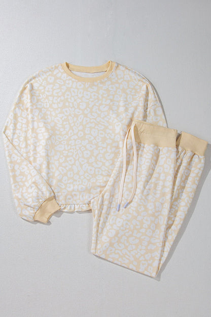 White Cheetah Print Two Piece Loose Fit Cozy Loungewear - Goddess Vibes
