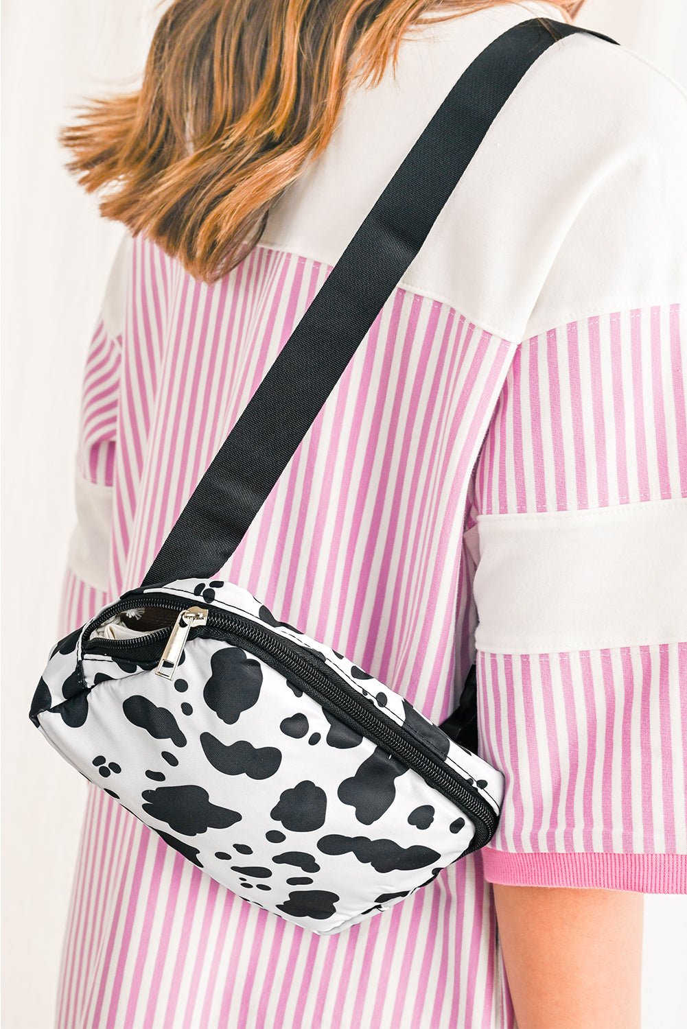 White Cow Pattern Print Buckle Wide Belt Inclined Shoulder Bag - Goddess Vibes