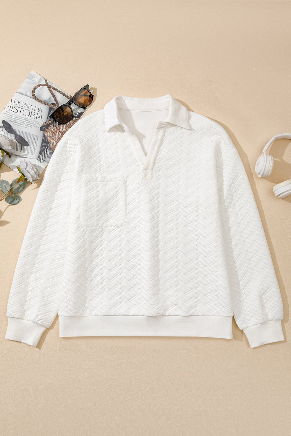 White Textured Pocketed Collared V Neck Pullover Sweatshirt - Goddess Vibes