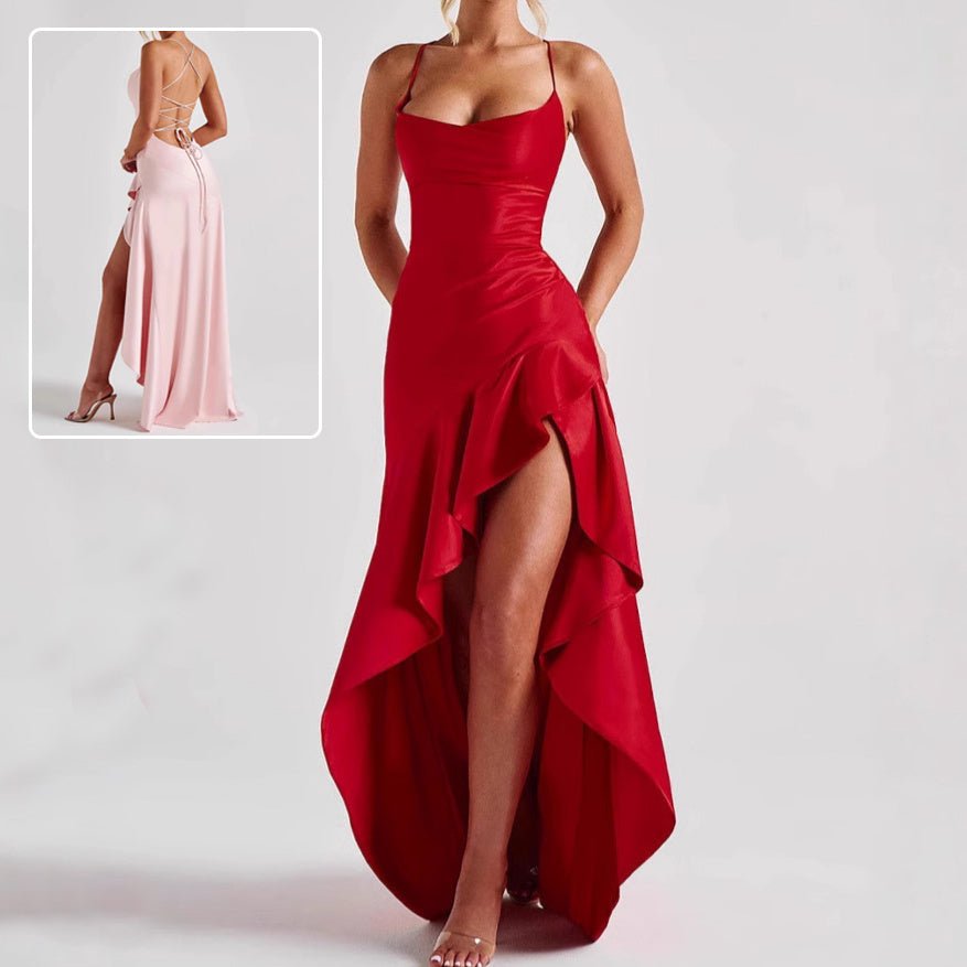 Women's Backless Ruffles Irregular Dress Summer Fashion Evening Party Club Split Suspender Maxi Dresses Clothing - Goddess Vibes