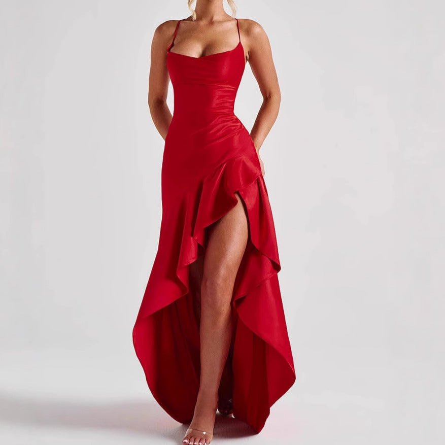 Women's Backless Ruffles Irregular Dress Summer Fashion Evening Party Club Split Suspender Maxi Dresses Clothing - Goddess Vibes