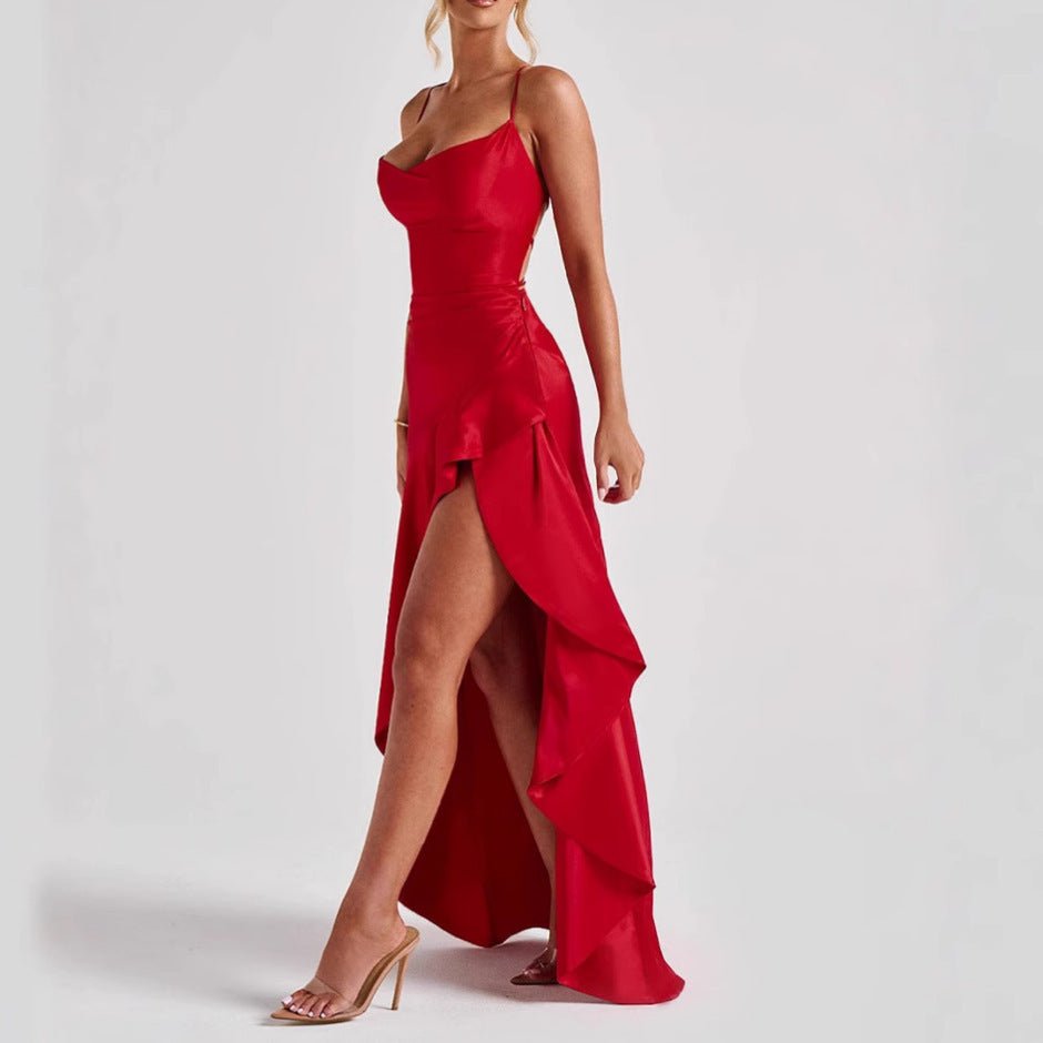 Women's Backless Ruffles Irregular Dress Summer Fashion Evening Party Club Split Suspender Maxi Dresses Clothing - Goddess Vibes