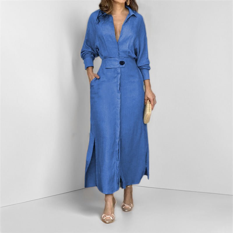 Women's Elegant Tied Solid Color Waisted Long - sleeved Shirt Dress - Goddess Vibes