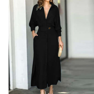 Women's Elegant Tied Solid Color Waisted Long - sleeved Shirt Dress - Goddess Vibes