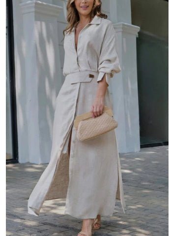 Women's Elegant Tied Solid Color Waisted Long - sleeved Shirt Dress - Goddess Vibes