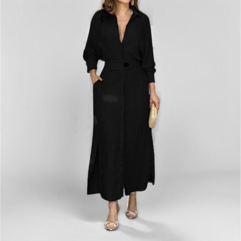Women's Elegant Tied Solid Color Waisted Long - sleeved Shirt Dress - Goddess Vibes