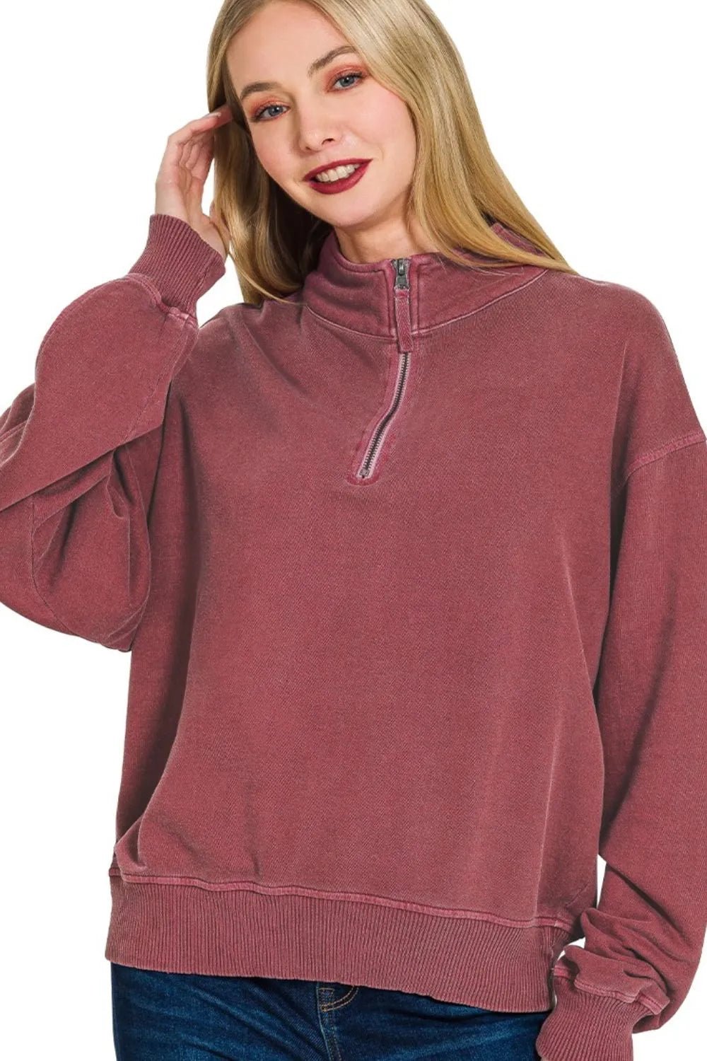 Zenana F/terry Pigment Dye & Enzyme Washing Half Zip Top - Goddess Vibes