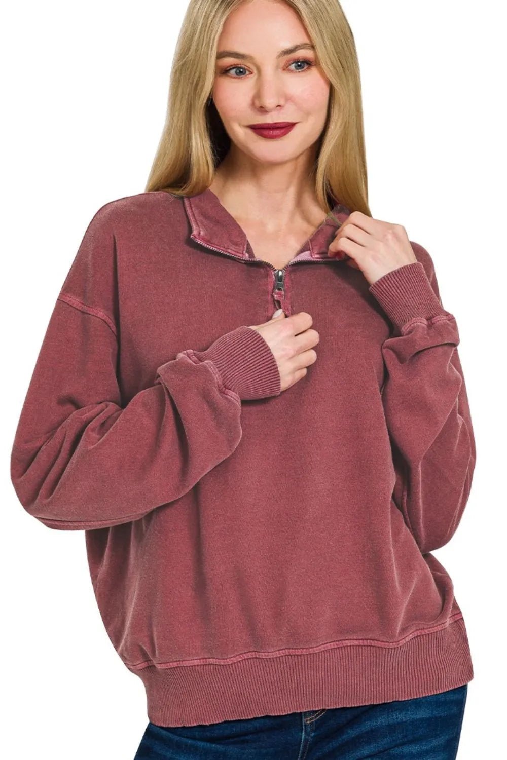 Zenana F/terry Pigment Dye & Enzyme Washing Half Zip Top - Goddess Vibes