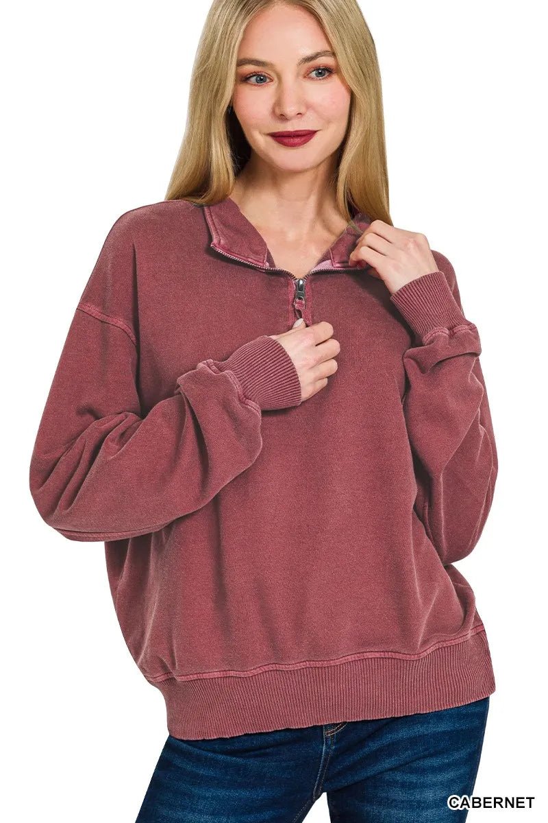 Zenana F/terry Pigment Dye & Enzyme Washing Half Zip Top - Goddess Vibes